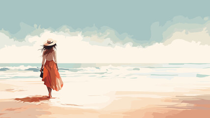 copy space, boho style illustration, woman on the beach. Beautiful summer atmosphere with backview of a woman walking on the beach. Summer or vacations background in a tropical place. Travel theme