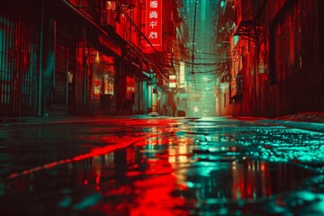 Futuristic dark cyberpunk city dystopia streets colorful neon lights glow night architecture...