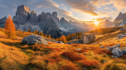  イタリア・ドロミテの秋の夕暮れ、明るい陽光に照らされる渓谷GenerativeAI - obrazy, fototapety, plakaty