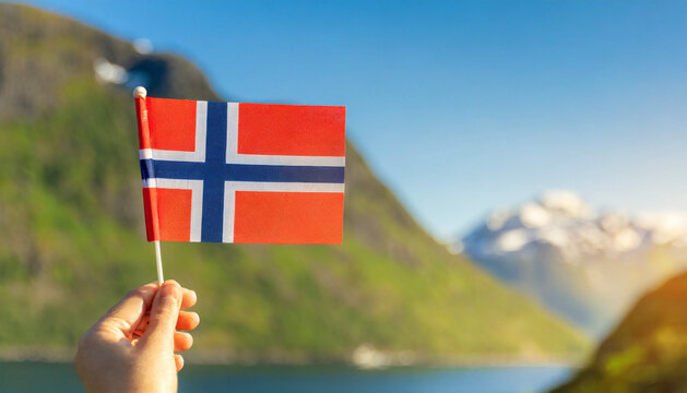 A hand holding a small Norwegian flag. National symbol of Norway.