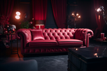 A luxurious sofa made of expensive red leather as an element of a luxury interior.