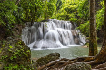 Fototapeta na wymiar Huai Mae Khamin Waterfall level 3, Khuean Srinagarindra National Park, Kanchanaburi, Thailand, long exposure
