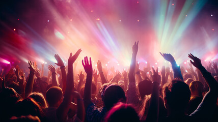 Bright colored stage rays break through the smoke above the raised hands of a crowd of spectators at a rock concert.