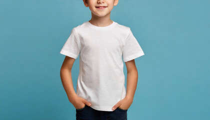 Male child, boy wearing bella canvas white shirt mock up, at blue background.