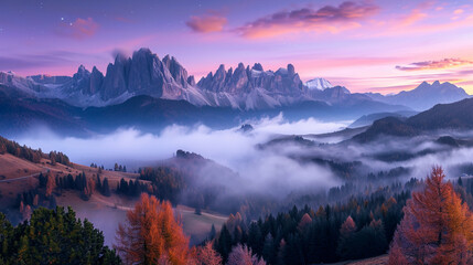 イタリアのドロミテの美しい秋の夜、霧の中の山々GenerativeAI