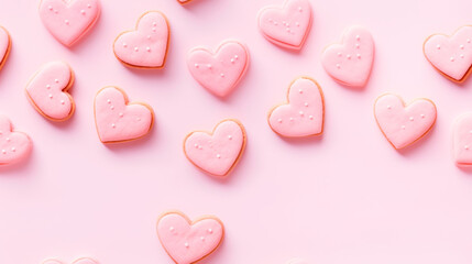 Pink heart shaped cookies, seamless background. Sweet valentines day love cookies covered with icing - 708572661
