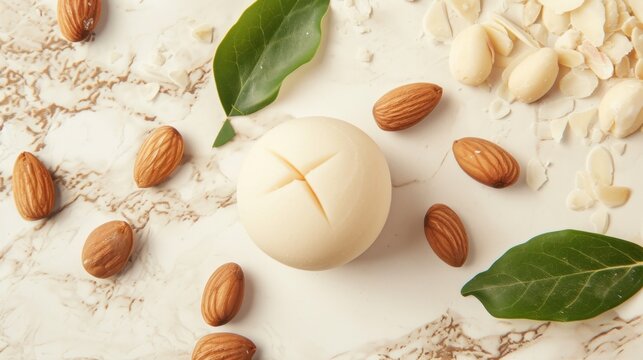 Ball of marzipan with almonds on the white mramor table banner. Suitable for a culinary book with recipes or for table mats design
