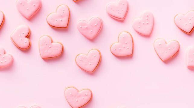 Pink heart shaped cookies, seamless background. Sweet valentines day love cookies covered with icing