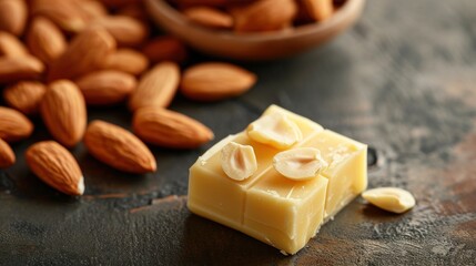 Marzipan squares and almonds on the table 