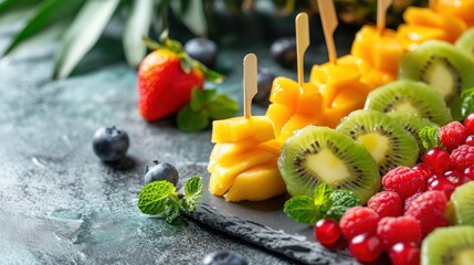 Tropical fruits canapes on grey plank. Table mats design concept. - obrazy, fototapety, plakaty