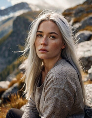 Portrait of a beautiful young girl in the mountains with magical silver hair against the background of the landscapes of Iceland. Soft light, cinematic picture