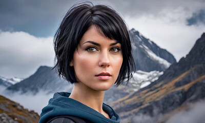 Portrait of a girl with dark hair in tourist clothes against the background of gloomy landscapes of Iceland