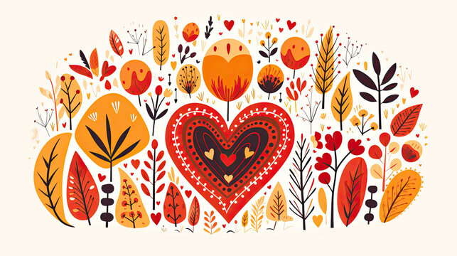 Naklejki whimsical heart and leaf shapes art deco style nature shapes bold and fun bohemian style illustration love autumn theme in digital flat on beige background