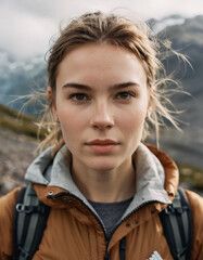 Portrait of a beautiful young girl in the mountains in tourist clothes against the background of the landscapes of Iceland. Soft light, cinematic picture