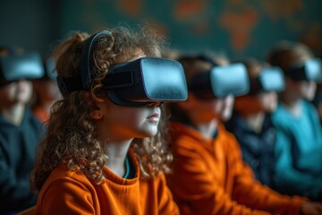 Fototapeta na wymiar A group of children wearing virtual reality glasses are immersed in futuristic and innovative digital entertainment.