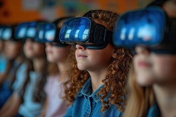 Young students in the classroom use virtual reality headsets and experience innovative, interactive educational experiences.