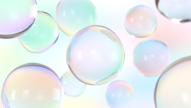 透明感のあるカラフルな球の3D背景。シャボン玉。幻想的な背景。