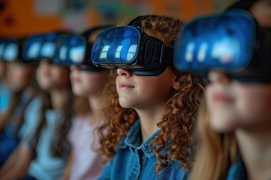 Young students in the classroom use virtual reality headsets and experience innovative, interactive educational experiences.