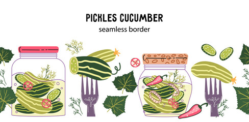 Seamless border design with pickled cucumbers, flat vector illustration isolated on white background. Healthy process of fermentation vegetables. Border edge design with cucumbers.