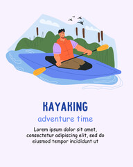 Banner or poster template with tourist on a kayak, flat cartoon vector illustration. Travel or use a kayak, kayaking, canoeing or rafting sport and ecotourism.