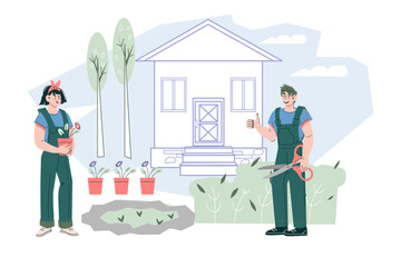 Professional gardener services banner background with gardeners who provide lawn care and landscaping, vector illustration isolated on white. Gardeners provide lawn care, landscaping and pruning.