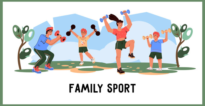 Healthy lifestyle and family sport activities concept of banner or poster, flat vector illustration isolated on white background. Parents and children in fun and active hobbies, sport workout.
