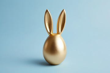 A Cute Easter Egg with Bunny Ears in Gleaming Gold, Against a Monochrome Pale Blue Background - A Simple and Charming Celebration of Easter Opulence