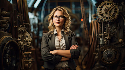 smart female mechanical engineer in middle aged glasses with machines and gears in the background created with Generative AI Technology