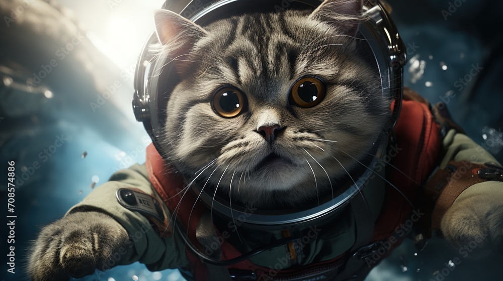 Poster a cat wearing a spacesuit is floating in space
