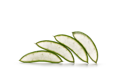 sliced pieces of Aloe Vera plant, stacked on top of each other. Isolated on a white background.