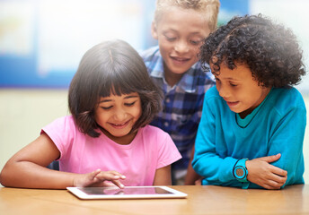 Students, kids on tablet and school for online education, e learning and website or information in...