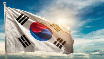 Waving flag of South Korea in beautiful sky.