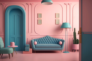 Vintage interior in pink and blue colors of the living room of the house. 3d illustration. Retro style sofa, armchair, coffee table and floor lamp. Generated AI.