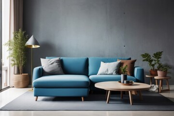 Fototapeta premium Interior home design of modern living room with blue sofa of loft house with concrete wall