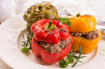 Traditional German stuffed bell peppers with minced meat served as close-up on a classic design plate
