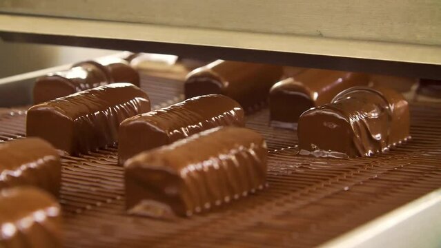 Conveyor belt in a chocolate factory. Candy production. Chocolate pouring. Chocolate bars move along the conveyor belt. Candy factory. Confectionery production.