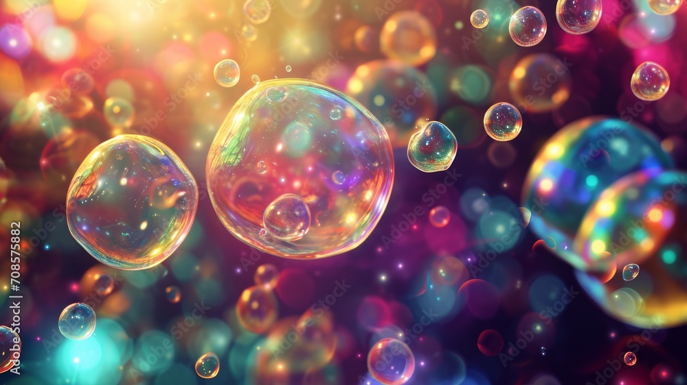 Poster several floating soap bubbles in the air, colorful and transparent balls
