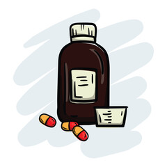 Bright hand drawn doodle illustration with medicines. Cough syrup with measuring cup and capsule tablets
