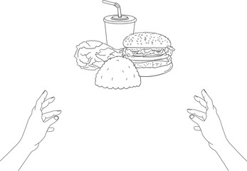 Vector two hands grabbing large packages of own fried chicken and burgers 