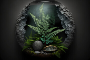 Beautiful natural minimalistic composition with textured stones, fern leaves