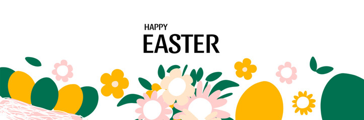 Abstract graphic design template with eggs and flowers. Holiday banner, layout. Spring background.