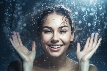 Obraz premium Close-up female portrait of a young attractive caucasian woman laughing and splashing water