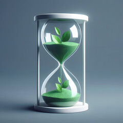 Hourglass with green leaves and green sand inside. Time management concept. 3D Rendering, generative ai
