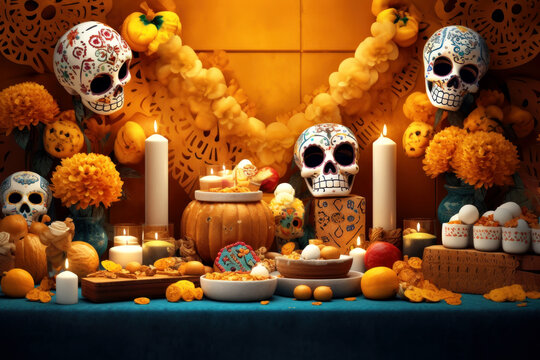 Day of the dead decorations on dark blue background. Poster with sugar skulls,