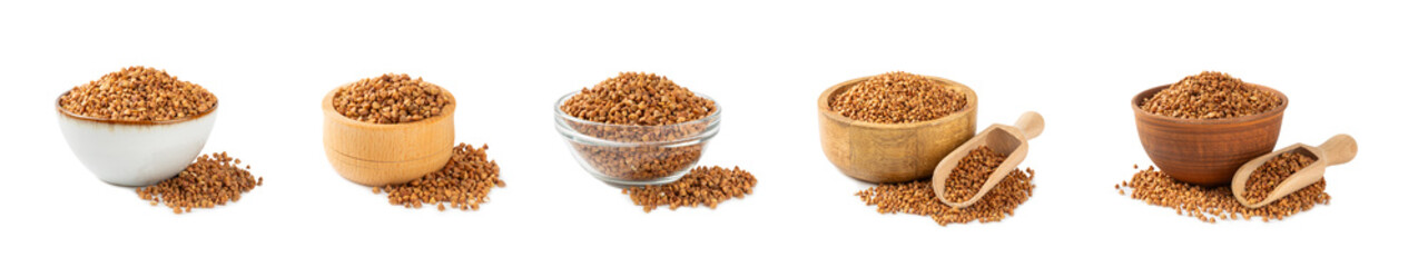 Raw buckwheat in a bowl isolated on white background.Wheat grains, porridge, cereals, raw buckwheat in a plate. Healthy food. Porridge. Diet. Organic cerea. Space for text.Copy space.