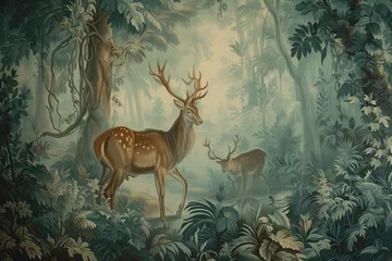 Fotobehang wallpaper forest with animals - old drawing vintage © Andrus Ciprian