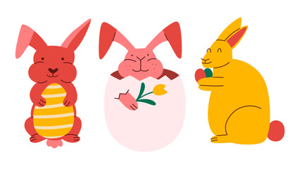 Happy different Easter Bunny rabbits.  Easter set with animals. Vector illustration in flat style.