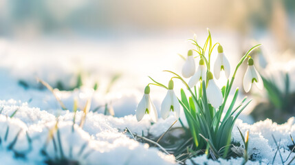 View of the spring flowers in snowy park. New fresh snowdrop blossom in beautiful morning with sunlight. Wildflowers in the nature. Copy space