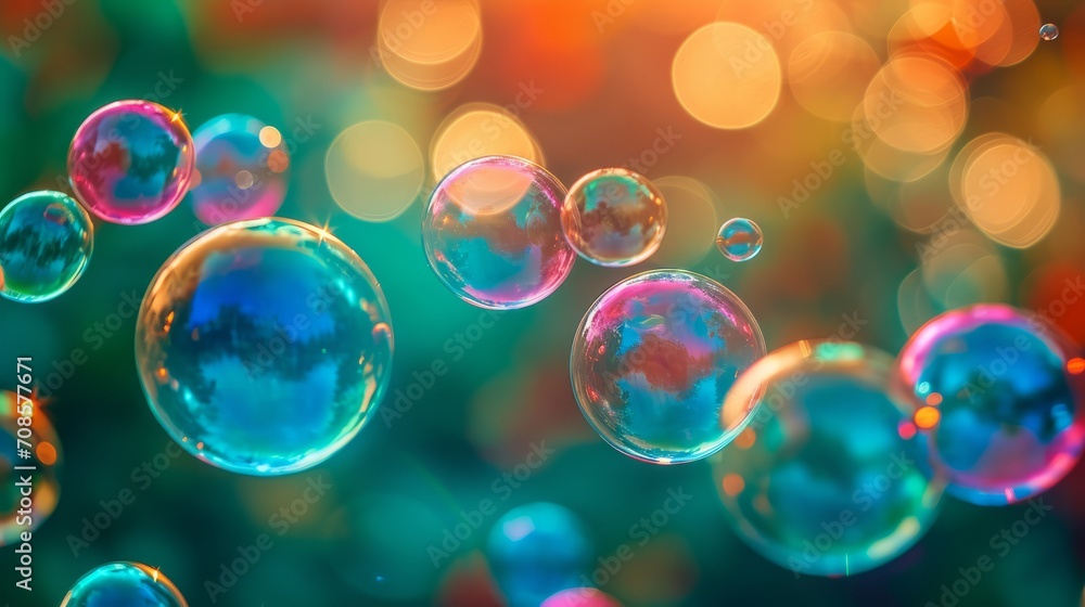 Poster floating soap bubbles in the air, a beautiful display of colorful spheres reflecting light