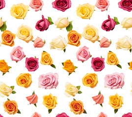 seamless background of beautiful delicate flowers of roses of different colors, vivid, spring gift, holiday of spring and flowering, cut out